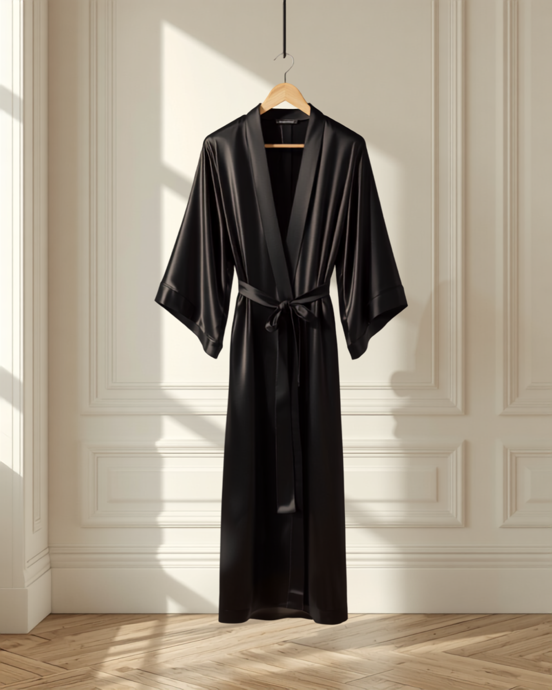 Kimono Aurora lungo in raso nero su gruccia in legno