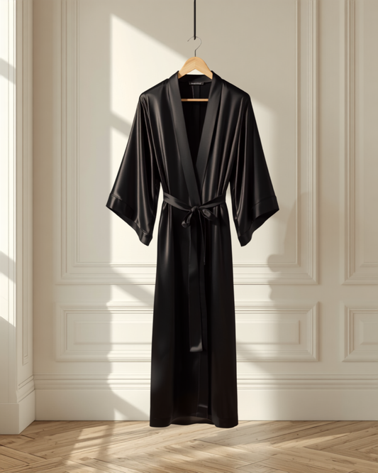 Kimono Aurora lungo in raso nero su gruccia in legno